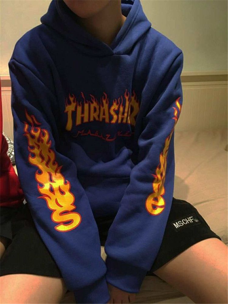 Women Flame Graphic Thrasher Print Hoodie Jumper Sweatshirt sweater jacket